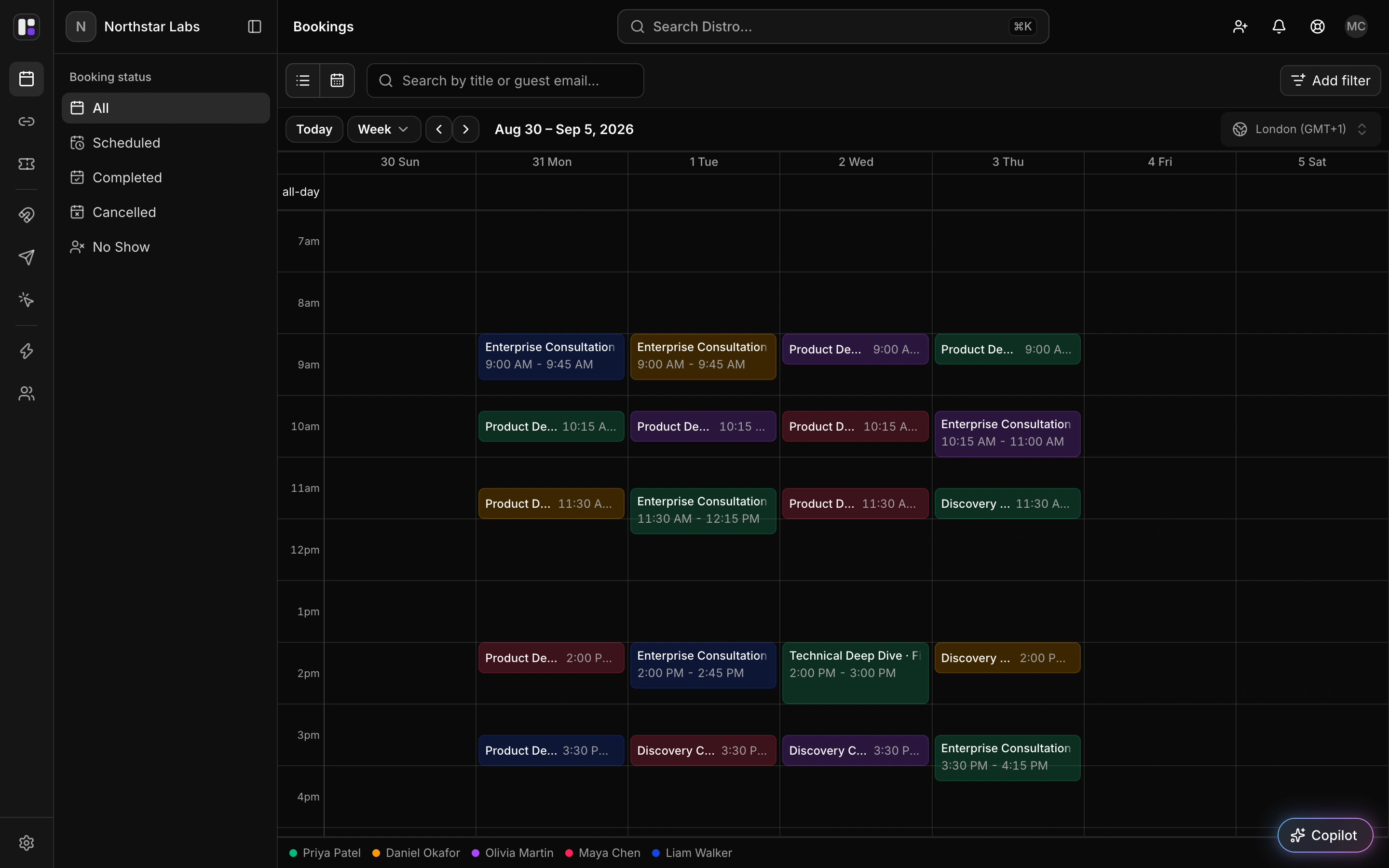 Distro calendar showing team bookings across a populated week.