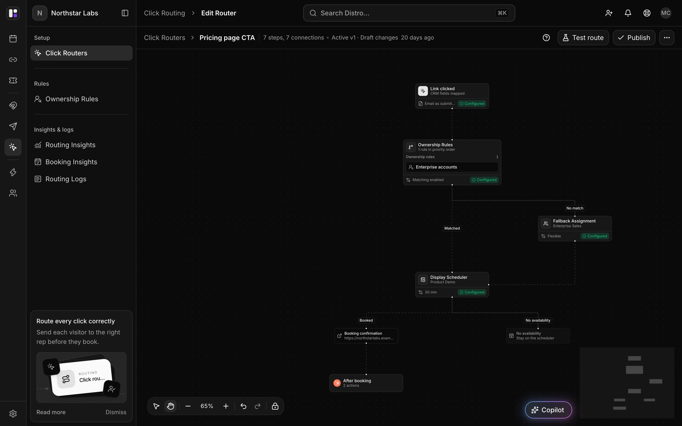 Click router canvas with ownership matching, fallback assignment, scheduling, and CRM actions.