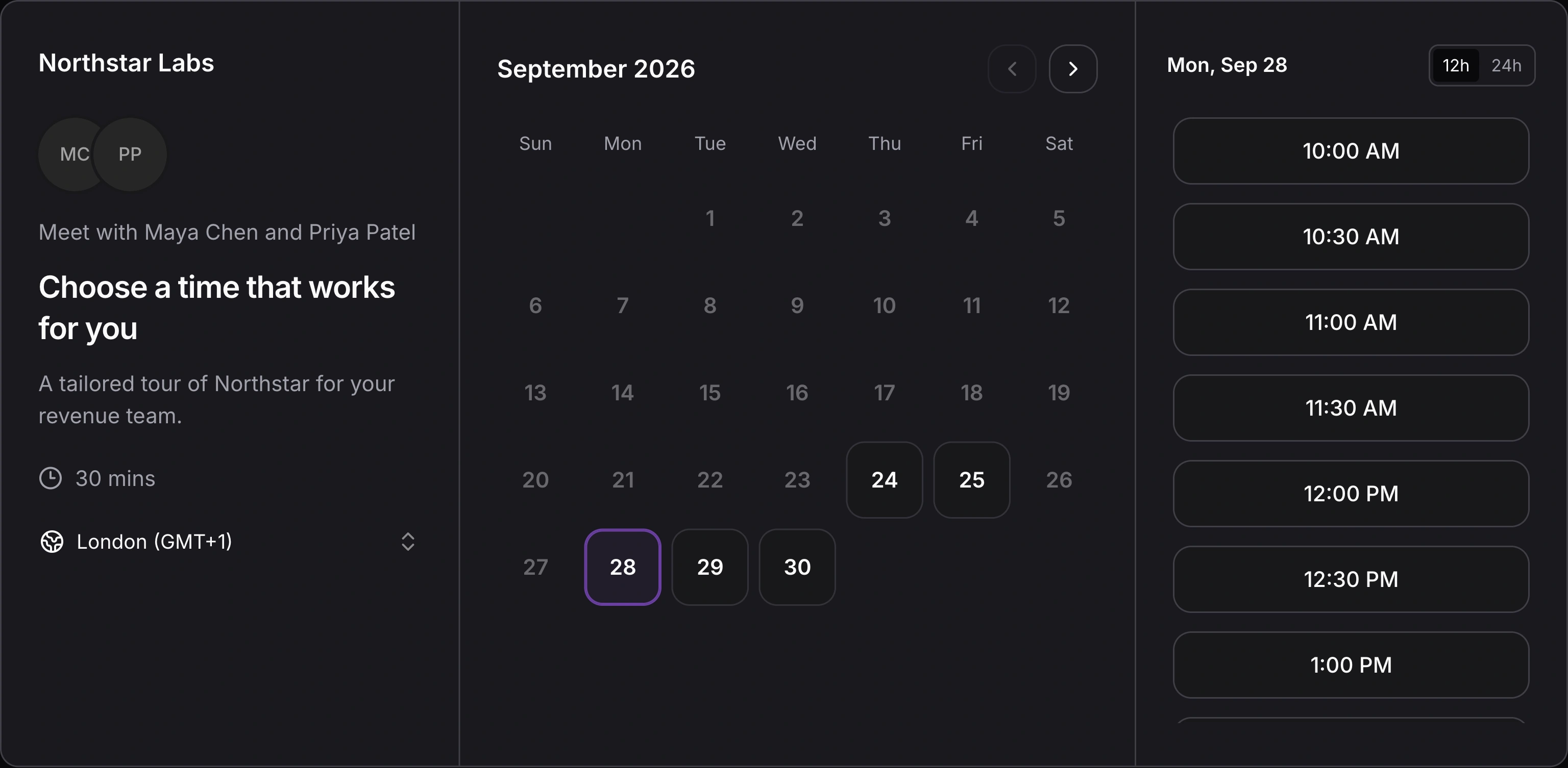 Distro group booking page showing shared availability for Maya Chen and Priya Patel