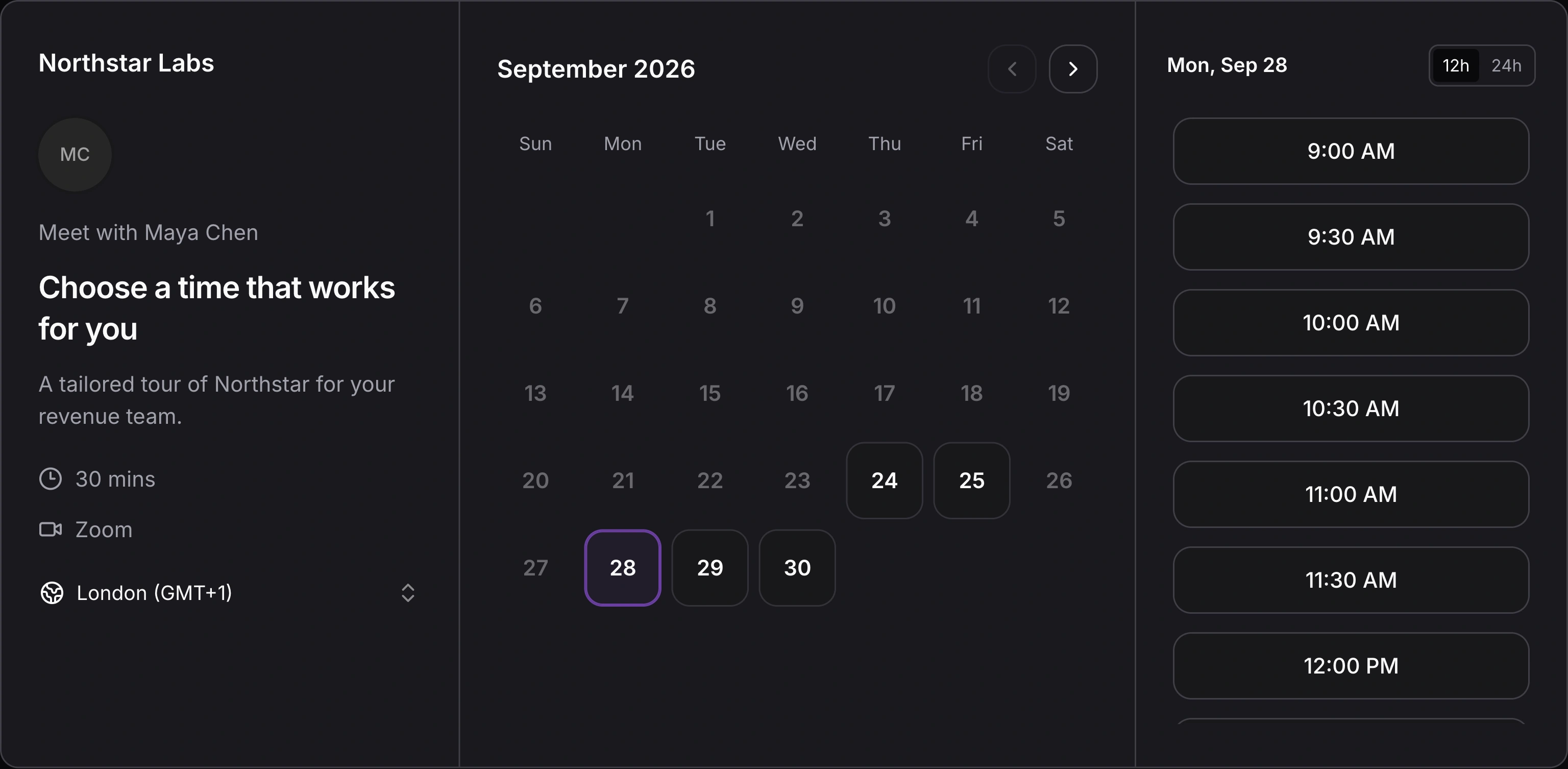 Personal booking page for Maya Chen with available meeting times.