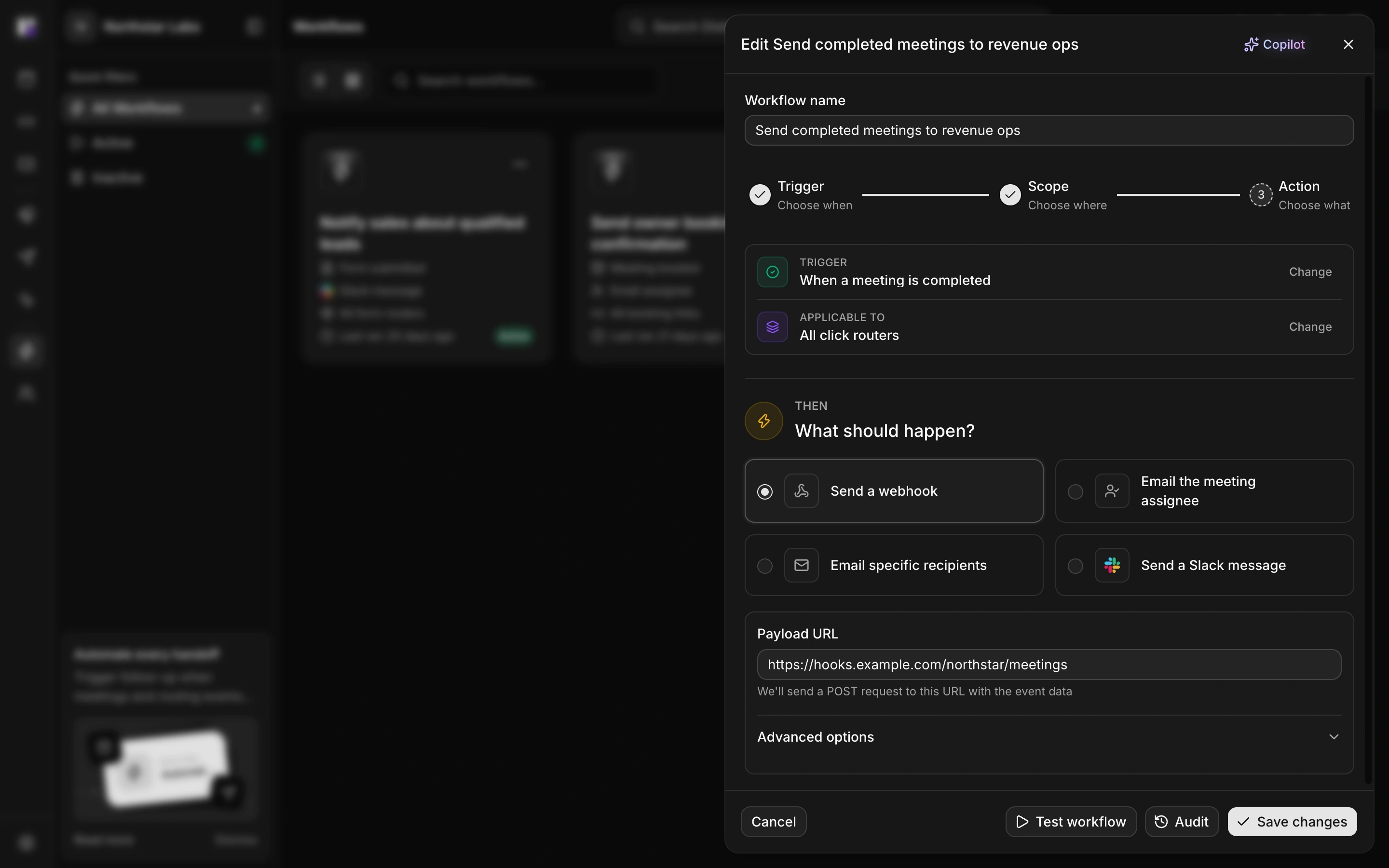 Workflow sending a webhook when a meeting is completed.