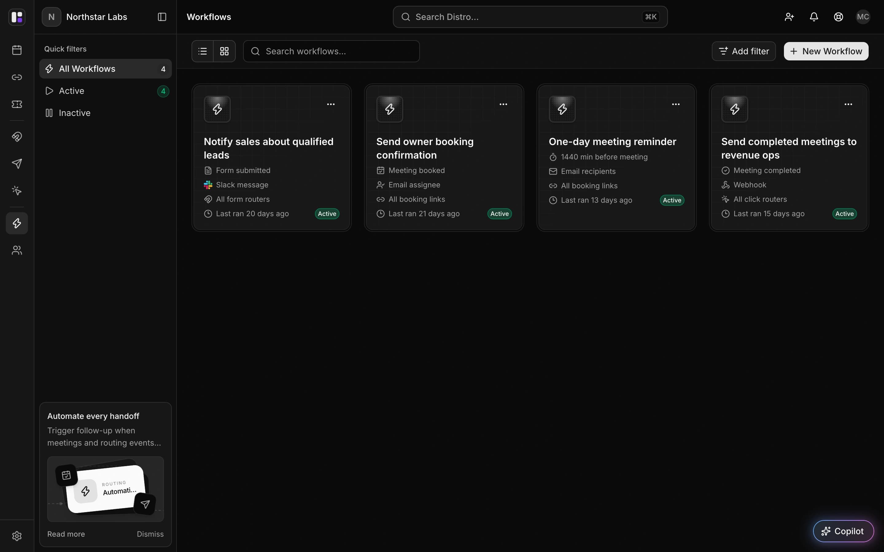 Active workflows for Slack notifications, booking confirmations, reminders, and completed meetings.