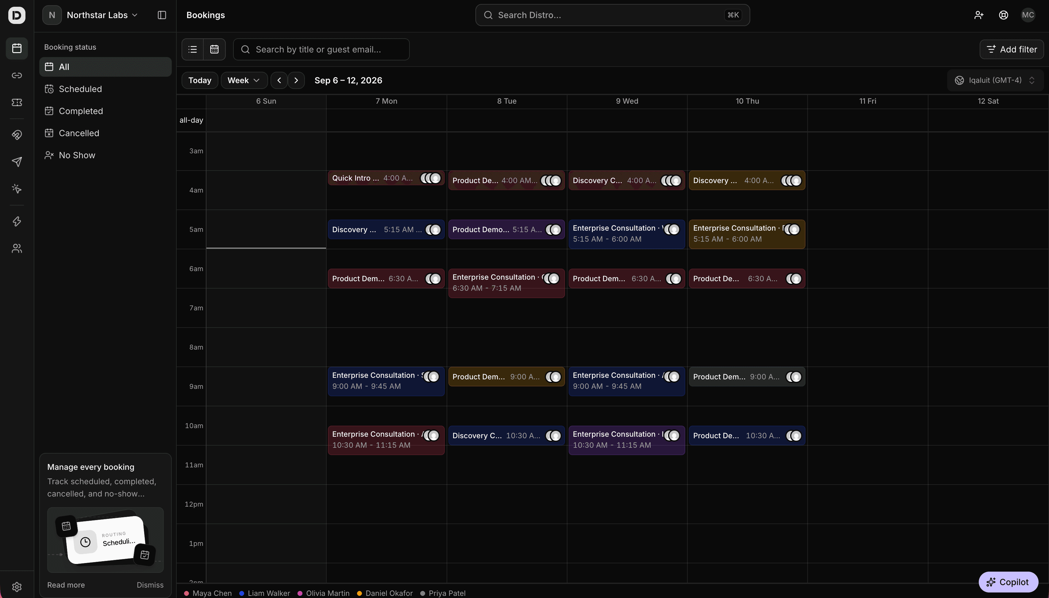 Distro bookings calendar showing a week of scheduled meetings across the team, with booking status filters and a timezone selector.