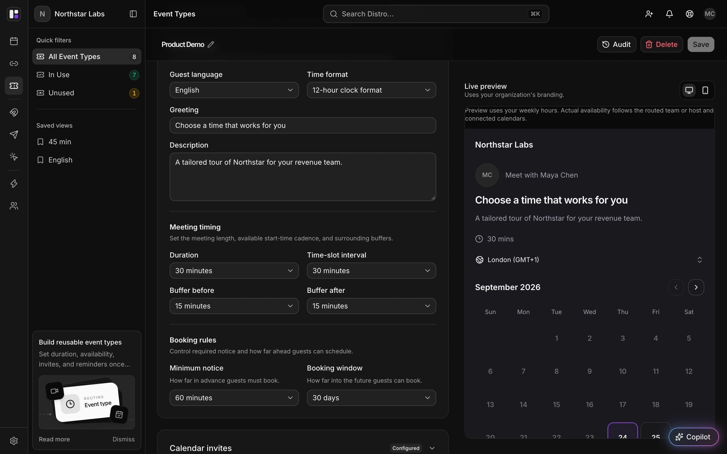 Product Demo event settings showing duration, buffers, minimum notice, booking window, and a scheduler preview.