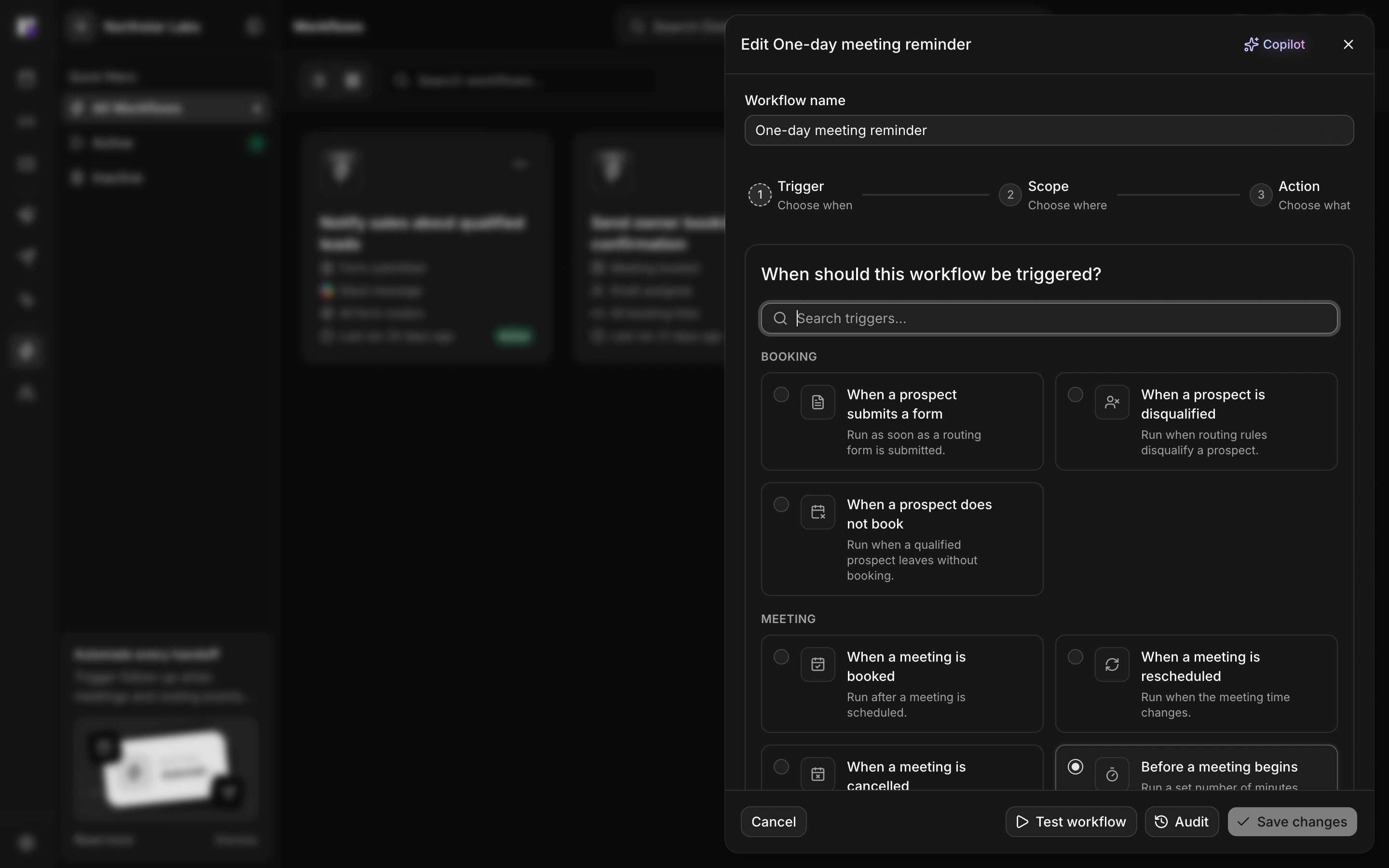 Workflow trigger picker showing form submission, unfinished booking, rescheduling, and other meeting events.