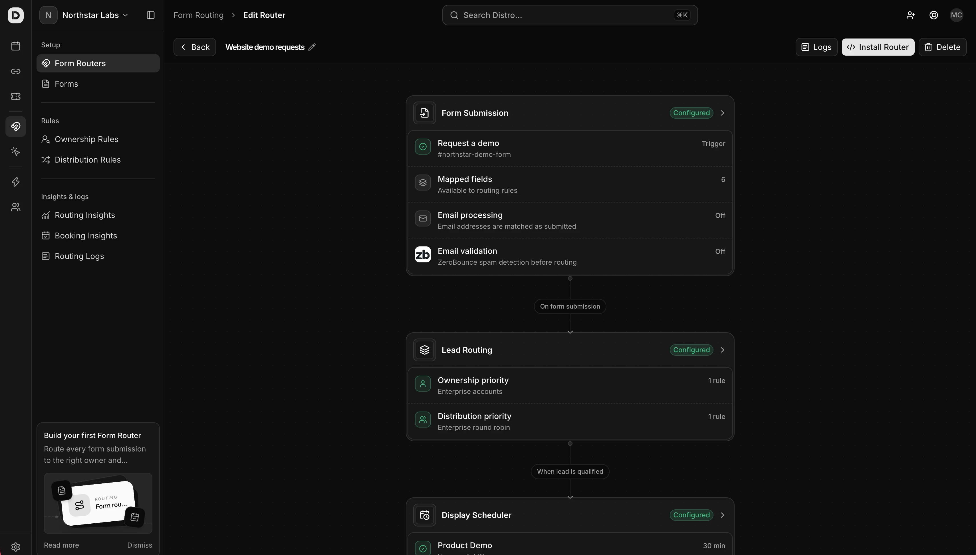 Distro form router with configured ownership and distribution priorities leading to the scheduler