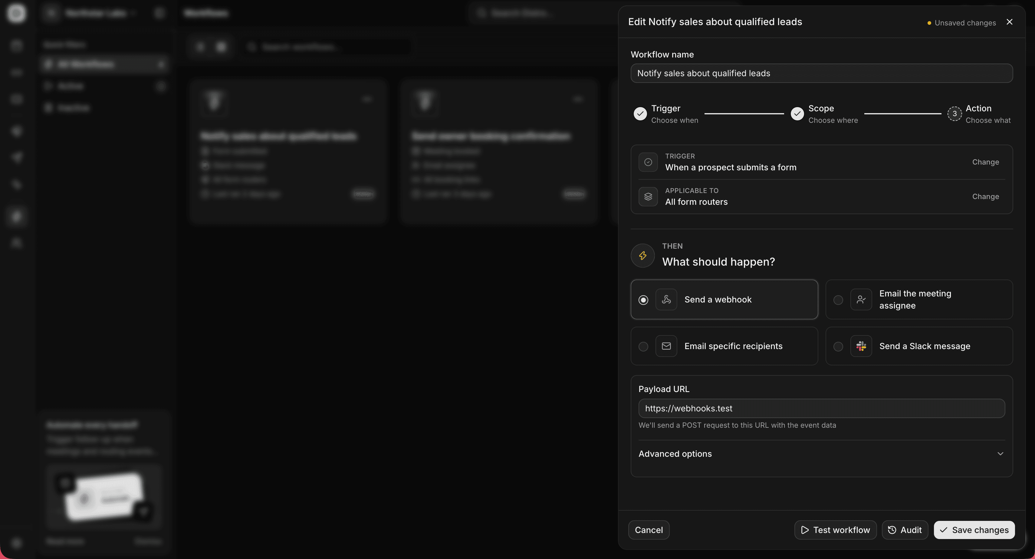 Distro workflow editor configured to send a webhook when a prospect submits a form, applying to all form routers.